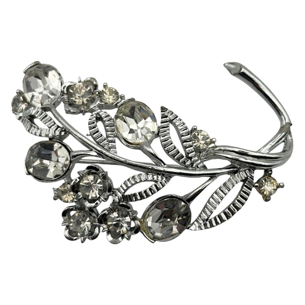 Vintage STAR Rhinestone Brooch Pin Floral Leaf Design Silver Tone Signed
